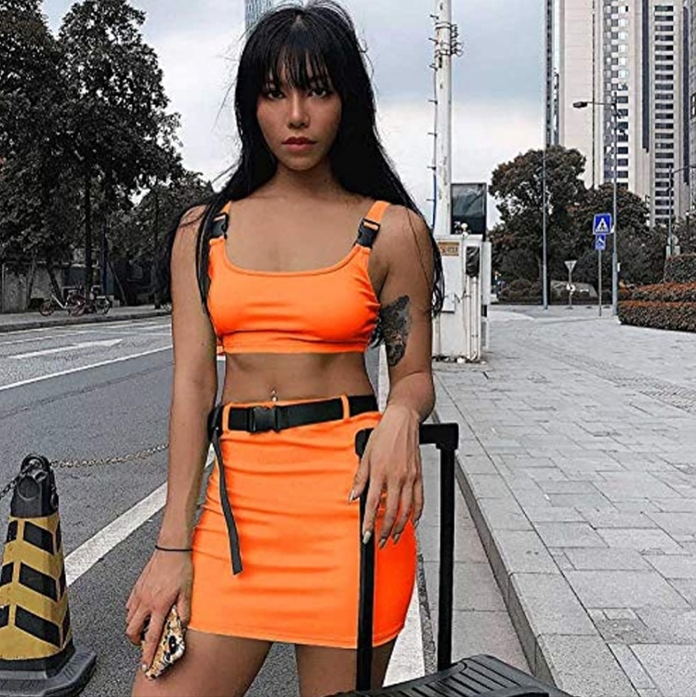 Women Sexy Buckle Tank Crop Top Mini Skirt Set 2 Piece Rave Outfit Party Club